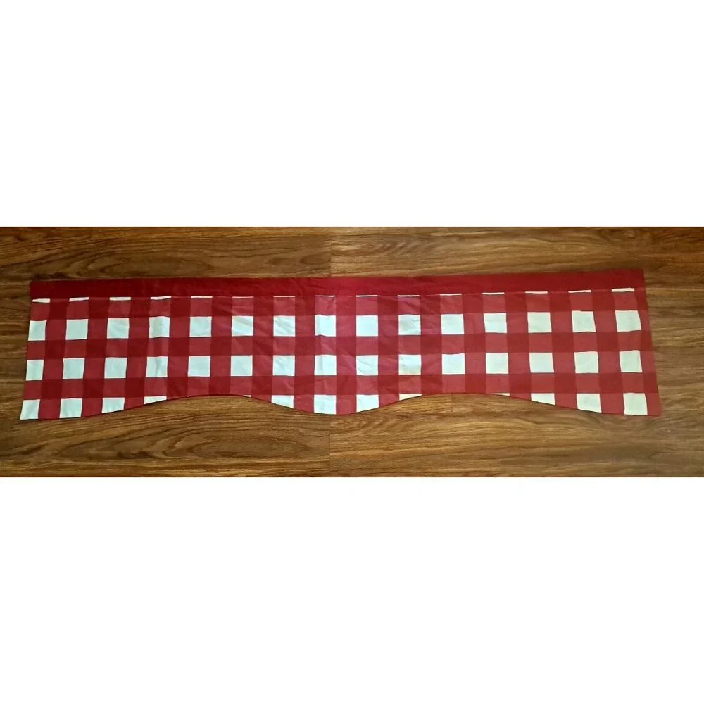 Red Plaid Curtain Valance Scalloped Checked Farmhouse Country Cottage 60x14